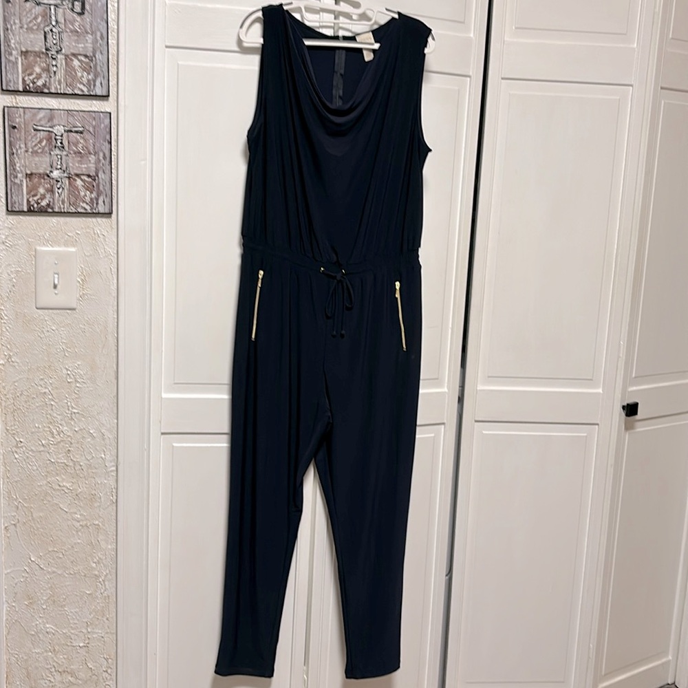 Chico’s size 2 dark navy blue jumpsuit w/ goldtone zipper trim elastic tie waist